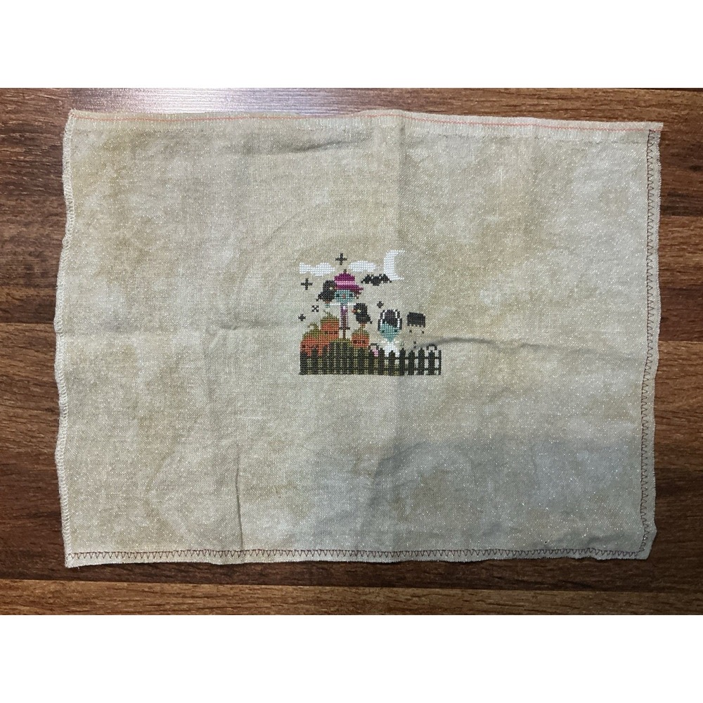 Halloween Unfinished Cross Stitch Spooky Village Scene Pumpkins Bats 17" X 13"